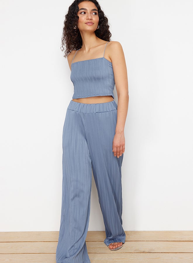trendyol Indigo Textured Fabric Premium Wide Leg Knitted Trousers TWOSS24PL00070  - Image 3