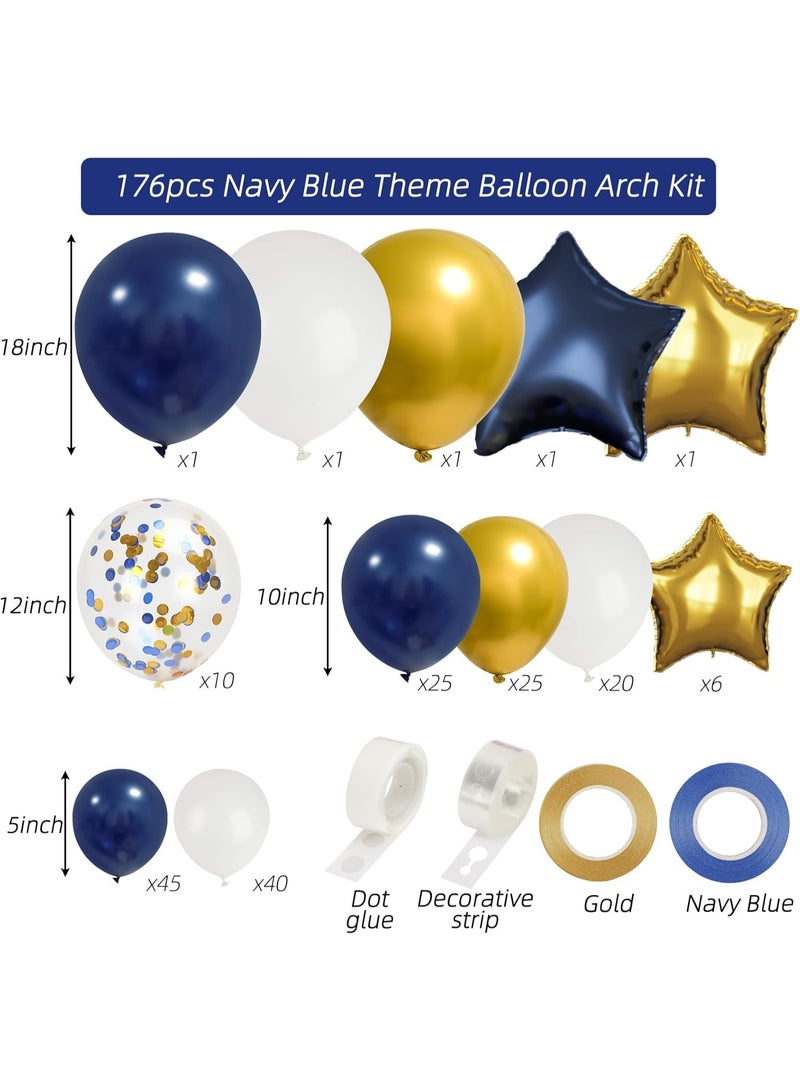 كيلا مجموعة أقواس البالونات الزرقاء الداكنة الذهبية، 176 قطعة، إكليل بالونات أزرق داكن، بالونات كونفيتي ذهبية معدنية بيضاء من رقائق معدنية لحفلات استقبال المولود الجديد وأعياد الميلاد والذكرى السنوية للزفاف والتخرج - Image 2