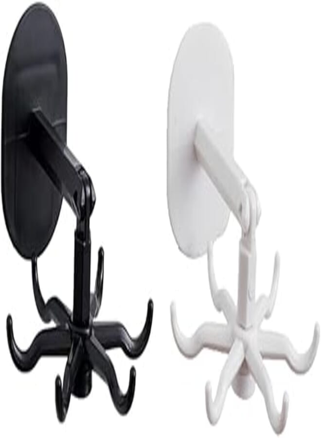 MJEMS 2 Pack Kitchen Utensil Hanger,Self Adhesive Wall Mounted 360 Rotatable Folding Utility Hooks Wall Holder Racks with 6 Hooks for Kitchen,Bathroom,Cabinet and Office(Black+White)