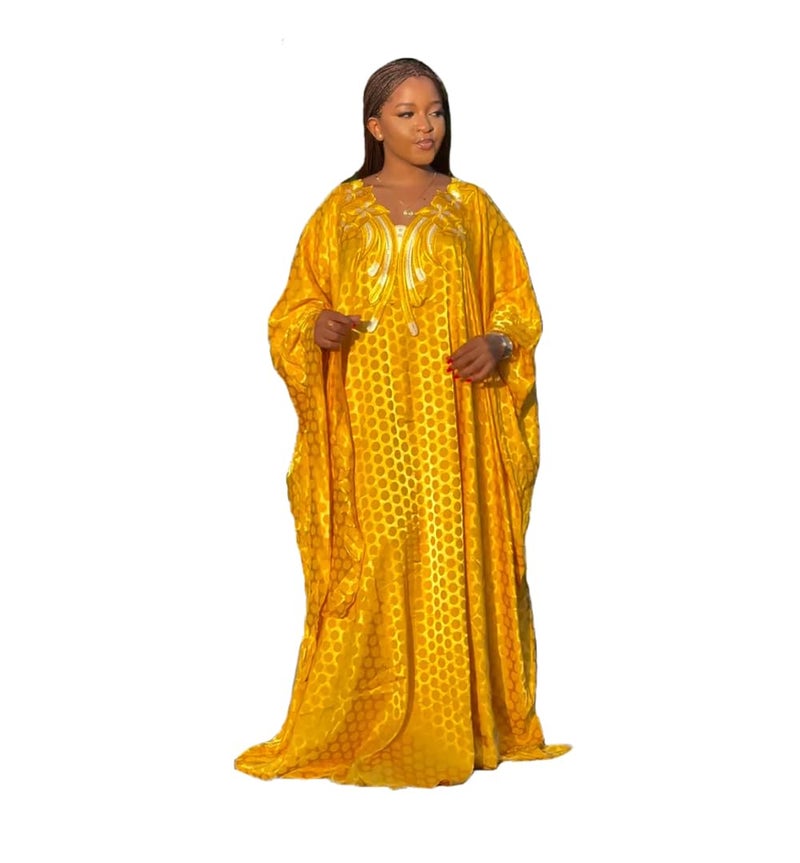 HD African EmroideryRhinestone Kaftan Dress for Women White Casual Maxi One Size Gown with Inner Adjustable Belt - Image 2