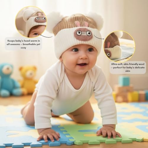 Mee Trend Baby Woolen Winter Cap for Boys & Girls | Soft Knitted Warm Beanie Hat with Cute Ears & Bunny Design | Premium Wool Cap for Infants & Toddlers (Brown-White(6 to 18 Months)) - Image 4