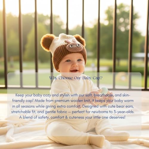 Mee Trend Baby Woolen Winter Cap for Boys & Girls | Soft Knitted Warm Beanie Hat with Cute Ears & Bunny Design | Premium Wool Cap for Infants & Toddlers (Brown-White(6 to 18 Months)) - Image 5
