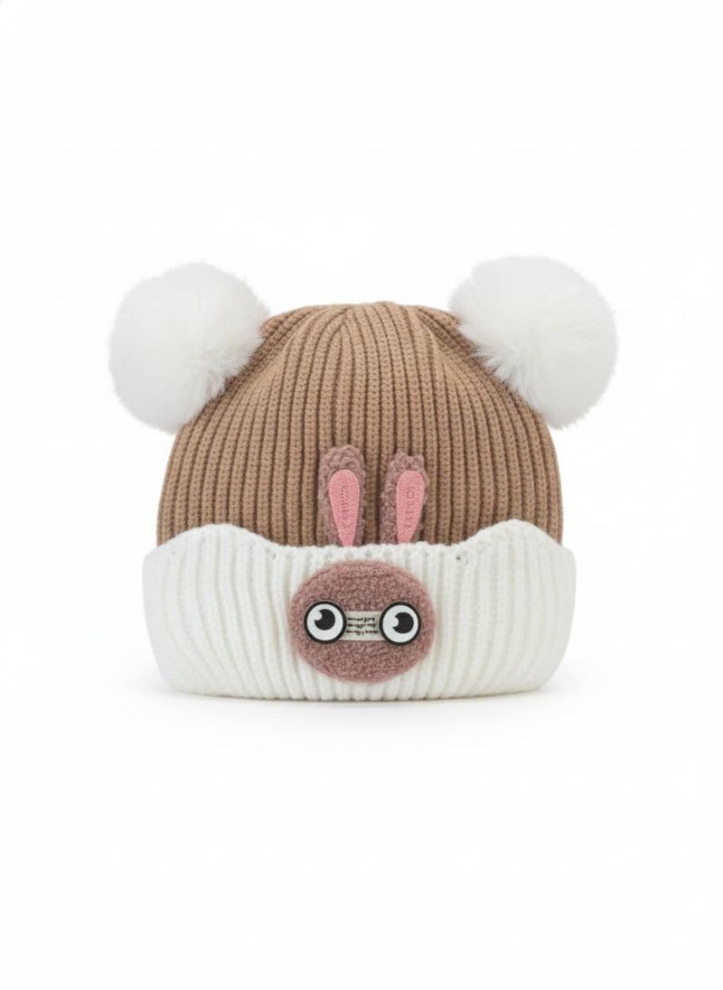 Mee Trend Baby Woolen Winter Cap for Boys & Girls | Soft Knitted Warm Beanie Hat with Cute Ears & Bunny Design | Premium Wool Cap for Infants & Toddlers (Brown-White(6 to 18 Months)) - Image 1
