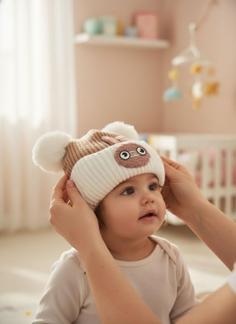 Mee Trend Baby Woolen Winter Cap for Boys & Girls | Soft Knitted Warm Beanie Hat with Cute Ears & Bunny Design | Premium Wool Cap for Infants & Toddlers (Brown-White(6 to 18 Months)) - Image 2
