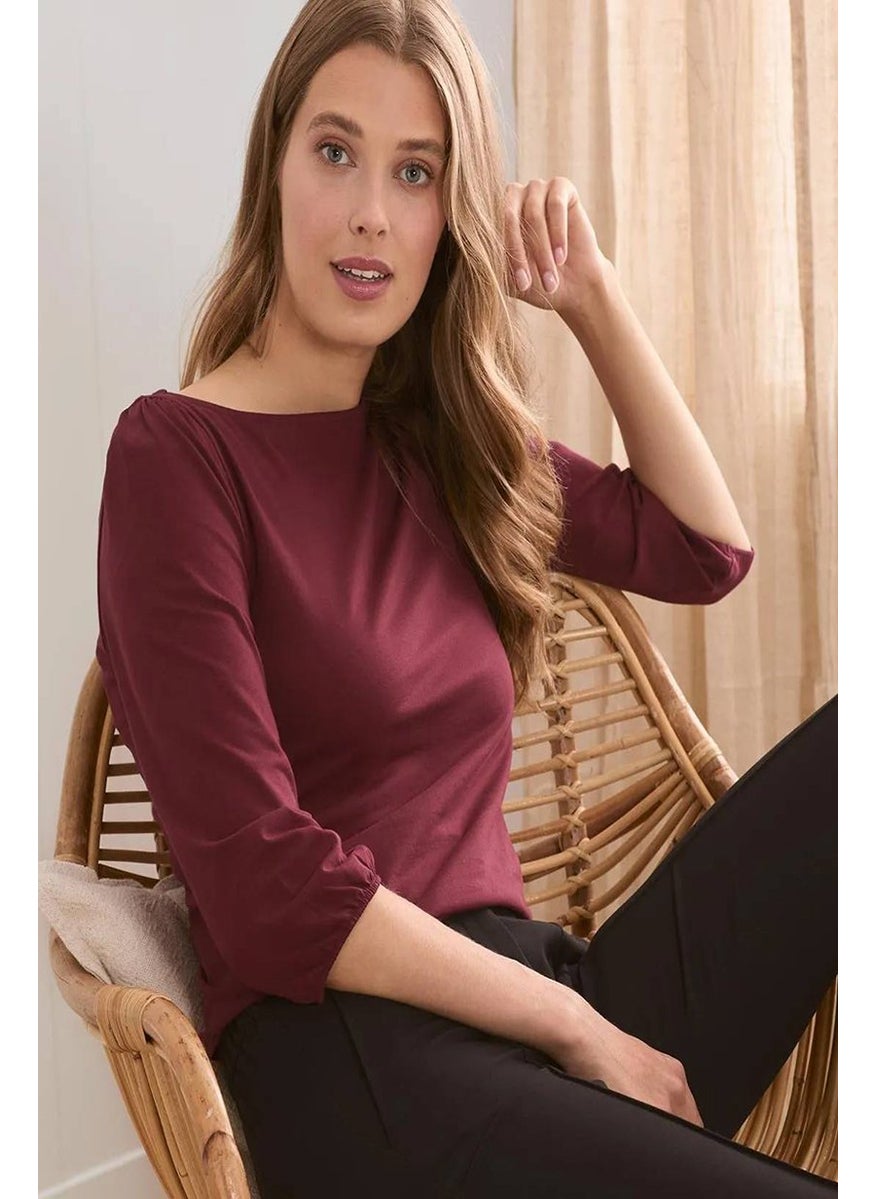Tchibo Women Round Neck 3/4 Sleeve Plain Top, Maroon  - Image 1