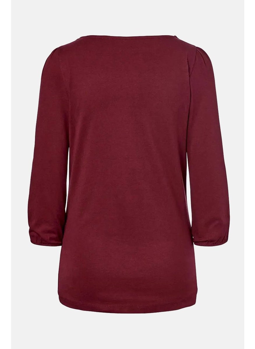 Tchibo Women Round Neck 3/4 Sleeve Plain Top, Maroon  - Image 3