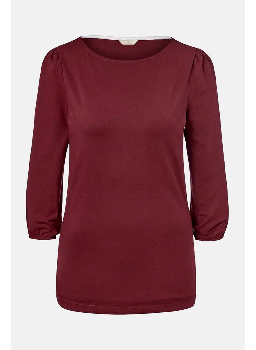 Tchibo Women Round Neck 3/4 Sleeve Plain Top, Maroon  - Image 2