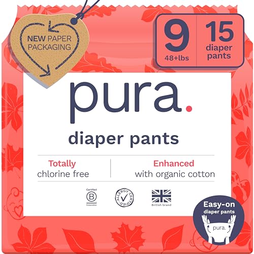 Pura Hypoallergenic Diaper Pants Size 9 (48+ lbs) Overnight, up to 12 Hours Leak Protection, Suitable for Sensitive Skin, Totally Chlorine Free, Soft Organic Cotton, 1 Pack of 15 Pull Up Pants - Image 1