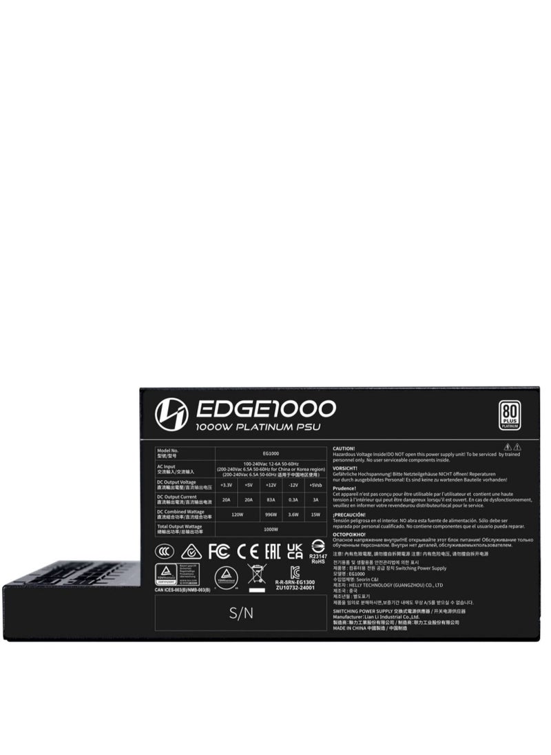 Edge L-Shape Fully Modular Power Supply, 1000W Power, 80 Plus Platinum Certification, 120mm FDB Fan, ATX 3.0 & 3.1 Compliant, PCIe 5.1 Support, Active PFC