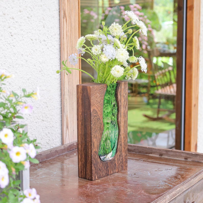 LITIVY Wood and Glass Inlay Vases Farmhouse Wooden Glass Flower Vase Solid Wood Glass Vase Home Decor Vases for Centerpiece (9.45 Inches) - Image 2