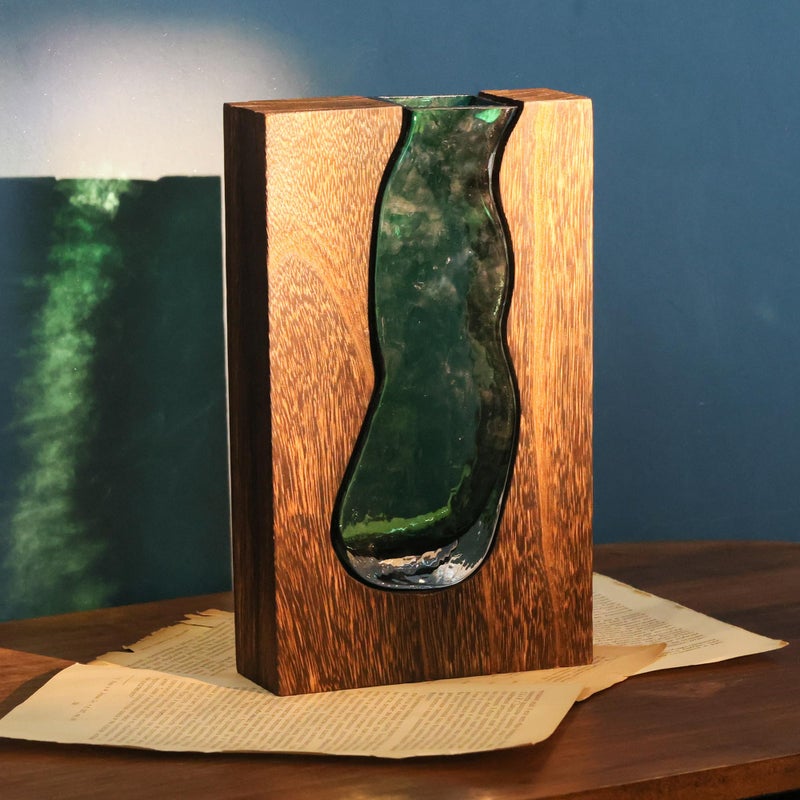 LITIVY Wood and Glass Inlay Vases Farmhouse Wooden Glass Flower Vase Solid Wood Glass Vase Home Decor Vases for Centerpiece (9.45 Inches) - Image 1