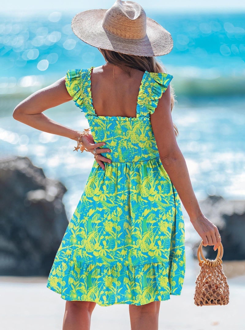 popvil Women Short Dress 2026 Summer Square Neck Casual Cute A-Line Flowy Mini Dress Sleeveless Ruffle Floral Dress Beach Vacation(Green, Medium) - Image 4