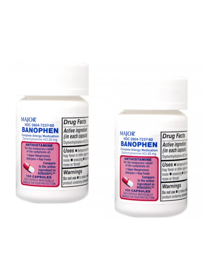 Major Pharmaceuticals Major Banophen Diphenhydramine Capsules, 25mg, 100ct (2 Pack) - Image 1