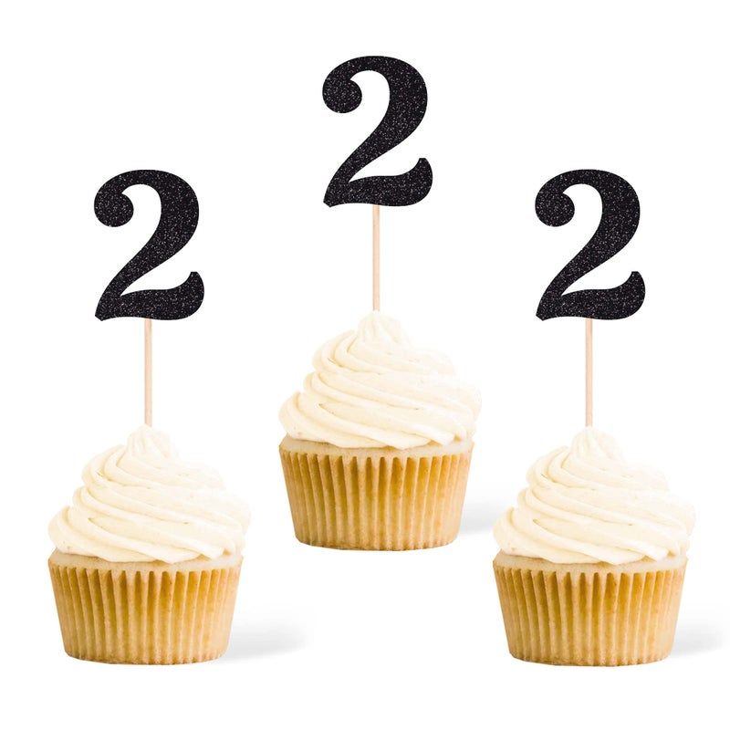 Gexolenu 24 PCS Black Double-sided 2nd Birthday Cupcake Toppers  Glitter Age TWO Cake Picks Decor  Second Happy Birthday Party Decorations Baby Shower Anniversary Party Supplies - Image 1