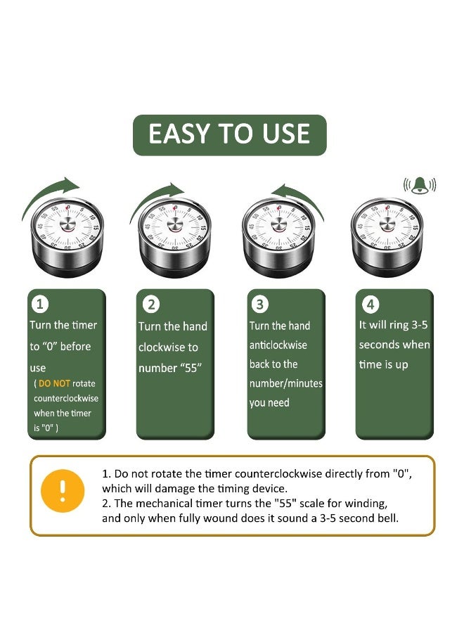 ساعة مؤقتة مغناطيسية للطهي مع منبه عالي الصوت بدون بطاريات مطلوبة، 100% ميكانيكية، قاعدة مغناطيسية، هيكل من الفولاذ المقاوم للصدأ الفاخر - Image 5