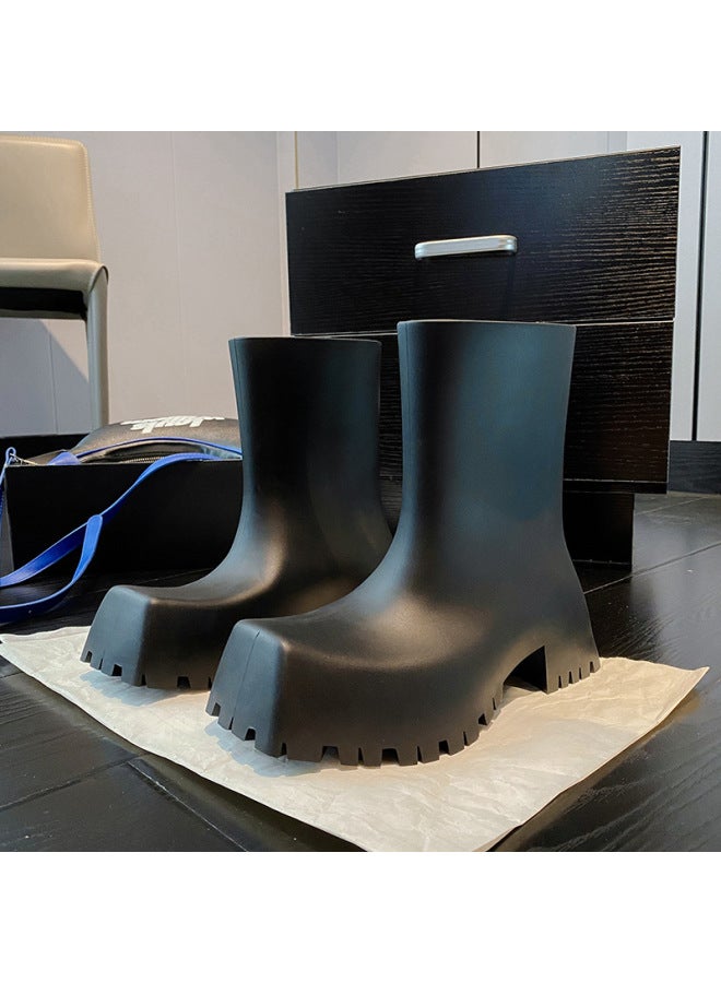 Men's And Women's Paris Fashion Popular Square-toe Rain Boots, Everyday Versatile Mid-high Boots, Thick Soles, Increased Non-slip Couple Shoes