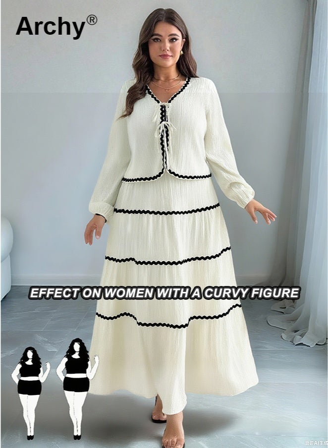 أرشي طقم فستان وتنورة أنيقان على الطراز الفرنسي بأكمام فانوس مكشكشة وعقدة فيونكة، مكون من قطعتين. بلوزة بأكمام فانوس مكشكشة وعقدة فيونكة، وتنورة مطوية متعددة الطبقات | طقم تنسيق أنيق بطابع ريفي وحلو فرنسي. - Image 5