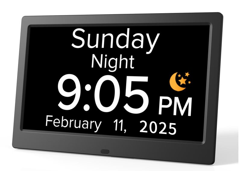 Mitoart 101 Inch Digital Alarm Clock with Date and Day of Week for Dementia Seniors Clear Large Screen Multiple Alarm Sets Auto DST Designed Specifically for Elderly Black