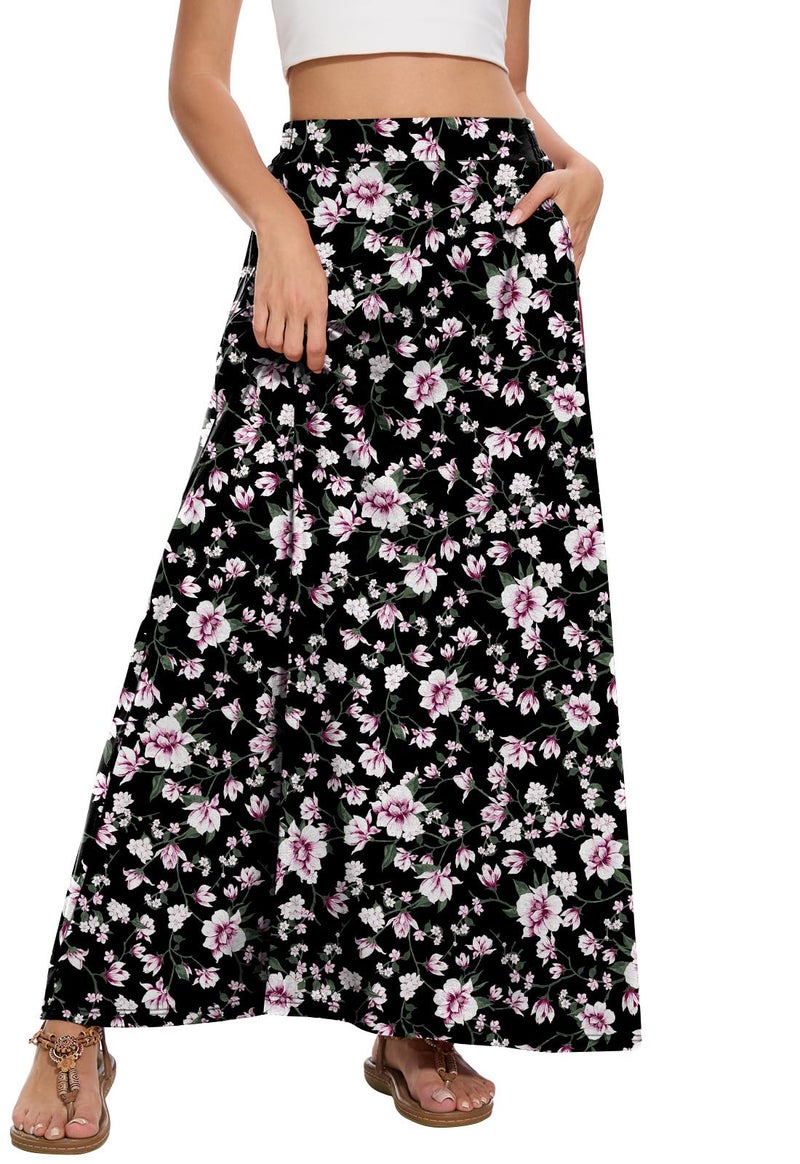 Leafsay Womens Maxi A-line Long Summer Skirt Elastic High Waist Flowy Skirt with Pockets(Black Pink Flower,XL) - Image 2
