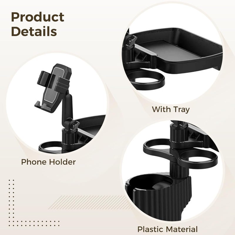 Car Cup Holder, Tray and Phone Mount, 360° Rotation, Fits Drinks, Snacks, Gray - Image 2