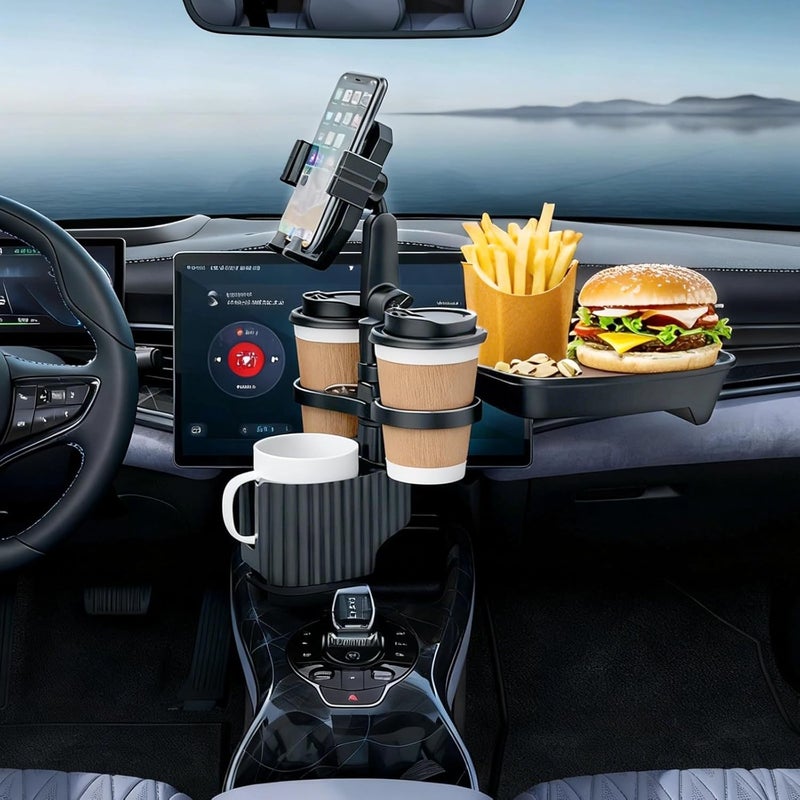 Car Cup Holder, Tray and Phone Mount, 360° Rotation, Fits Drinks, Snacks, Gray - Image 3