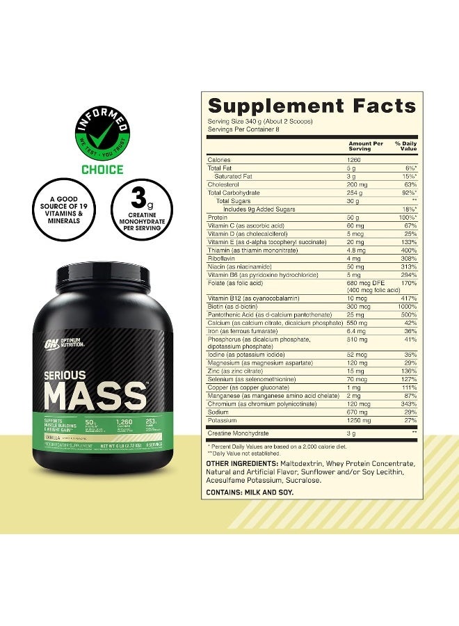 أوبتيموم نيوتريشن مسحوق بروتين Serious Mass عالي البروتين لبناء العضلات وزيادة الوزن، 50 جرامًا من البروتين وفيتامين C والزنك لدعم المناعة - الفانيليا، 6 أرطال 2.72 كجم - Image 3