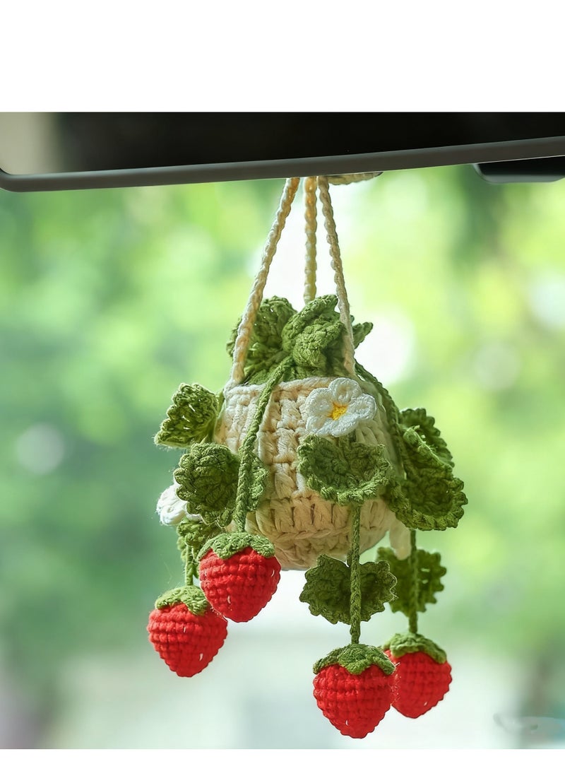 HALAMODO نبات معلق بالكروشيه للسيارة، زينة داخلية للسيارة، إكسسوارات سيارة جمالية بالفراولة للنساء، زينة السيارة، تعويذات لمرآة الرؤية الخلفية، زينة سيارة بوهيمية - Image 1