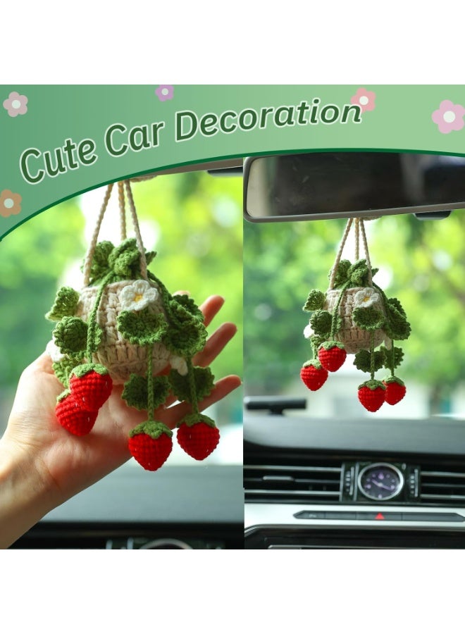 HALAMODO نبات معلق بالكروشيه للسيارة، زينة داخلية للسيارة، إكسسوارات سيارة جمالية بالفراولة للنساء، زينة السيارة، تعويذات لمرآة الرؤية الخلفية، زينة سيارة بوهيمية - Image 2