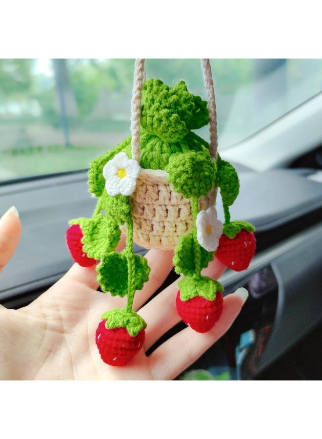 HALAMODO نبات معلق بالكروشيه للسيارة، زينة داخلية للسيارة، إكسسوارات سيارة جمالية بالفراولة للنساء، زينة السيارة، تعويذات لمرآة الرؤية الخلفية، زينة سيارة بوهيمية - Image 5
