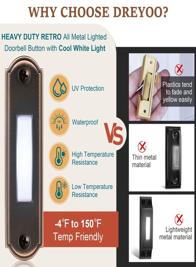 Dreyoo Metal Lighted Doorbell Button, Heavy Duty Metal Wired Door bell Push Button LED Wall Mounted Doorbell Switch for Home Universal Garage Door Opener Switch, White Light, Property In Copyright(Bronze) - Image 2