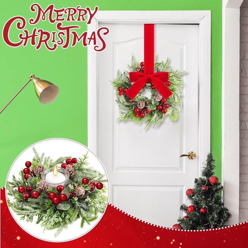 Dingion 6 Pcs Mini Christmas Kitchen Cabinet Wreath Small Christmas Wreath Decorations Norfolk Pine Artificial Berries Snowy Pine Garland with Red Ribbon for Xmas Table Centerpiece Front Door Decor - Image 4
