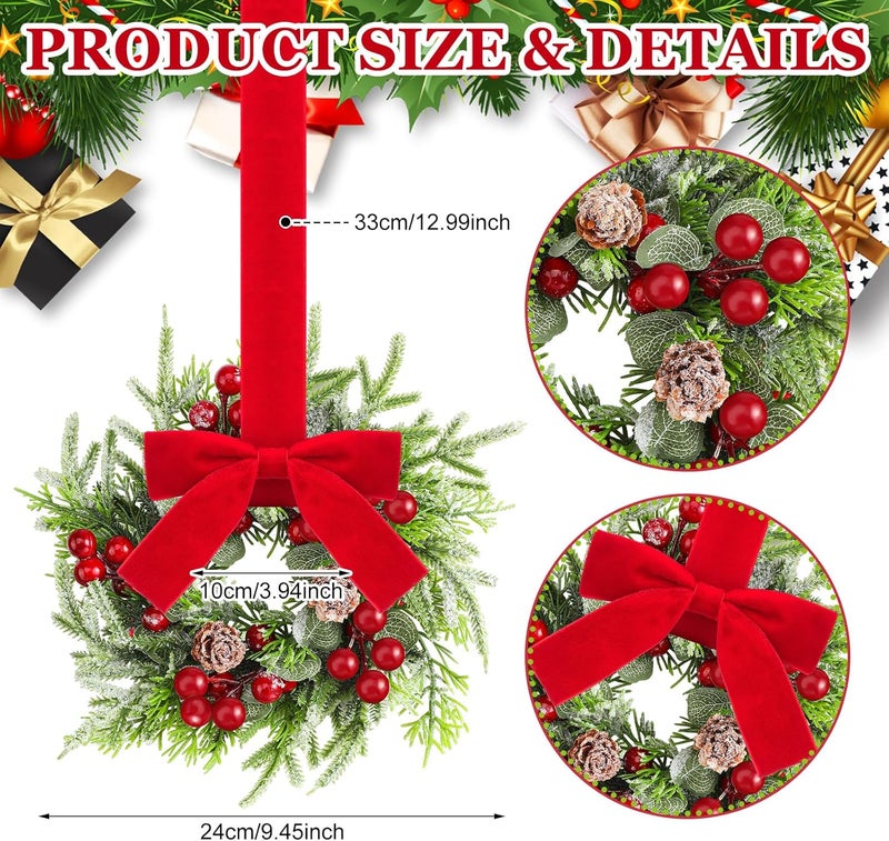 Dingion 6 Pcs Mini Christmas Kitchen Cabinet Wreath Small Christmas Wreath Decorations Norfolk Pine Artificial Berries Snowy Pine Garland with Red Ribbon for Xmas Table Centerpiece Front Door Decor - Image 2
