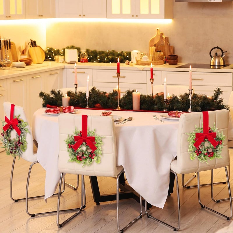 Dingion 6 Pcs Mini Christmas Kitchen Cabinet Wreath Small Christmas Wreath Decorations Norfolk Pine Artificial Berries Snowy Pine Garland with Red Ribbon for Xmas Table Centerpiece Front Door Decor - Image 5