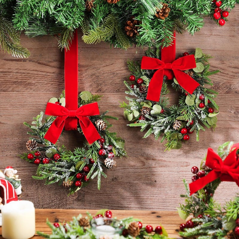 Dingion 6 Pcs Mini Christmas Kitchen Cabinet Wreath Small Christmas Wreath Decorations Norfolk Pine Artificial Berries Snowy Pine Garland with Red Ribbon for Xmas Table Centerpiece Front Door Decor - Image 3