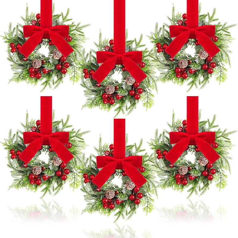 Dingion 6 Pcs Mini Christmas Kitchen Cabinet Wreath Small Christmas Wreath Decorations Norfolk Pine Artificial Berries Snowy Pine Garland with Red Ribbon for Xmas Table Centerpiece Front Door Decor - Image 1