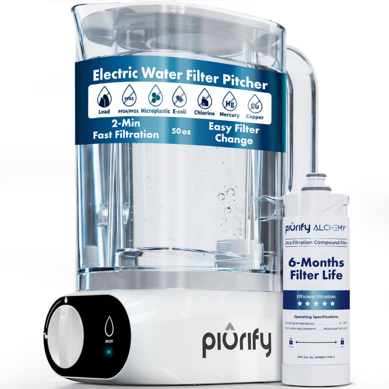 Piurify Compact 50oz Countertop Electric Water Filter Pitcher Removes 99 of Lead Microplastics PFAS Chlorine Advanced Carbon Block UltraFiltration Technology 6 Months Filter Life