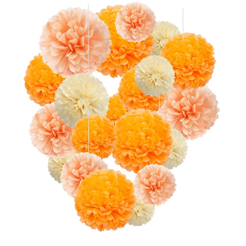 Capesaro Orange Paper Pom Poms - Peach Tissue Pom Poms Decorations for Party Hanging Decor - 15 Piece Set - Image 1