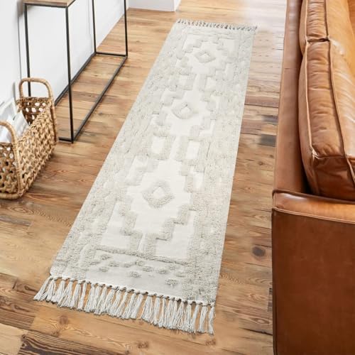 Uphome Boho Runners for Hallways 2' x 8', Washable Farmhouse Entryway Runner Rug, Cotton Tufted Bedroom Runner Rugs, Bohemian Tribal Throw Aesthetic Rug for Kitchen Doorway Bathroom Living Room, Beige - Image 1