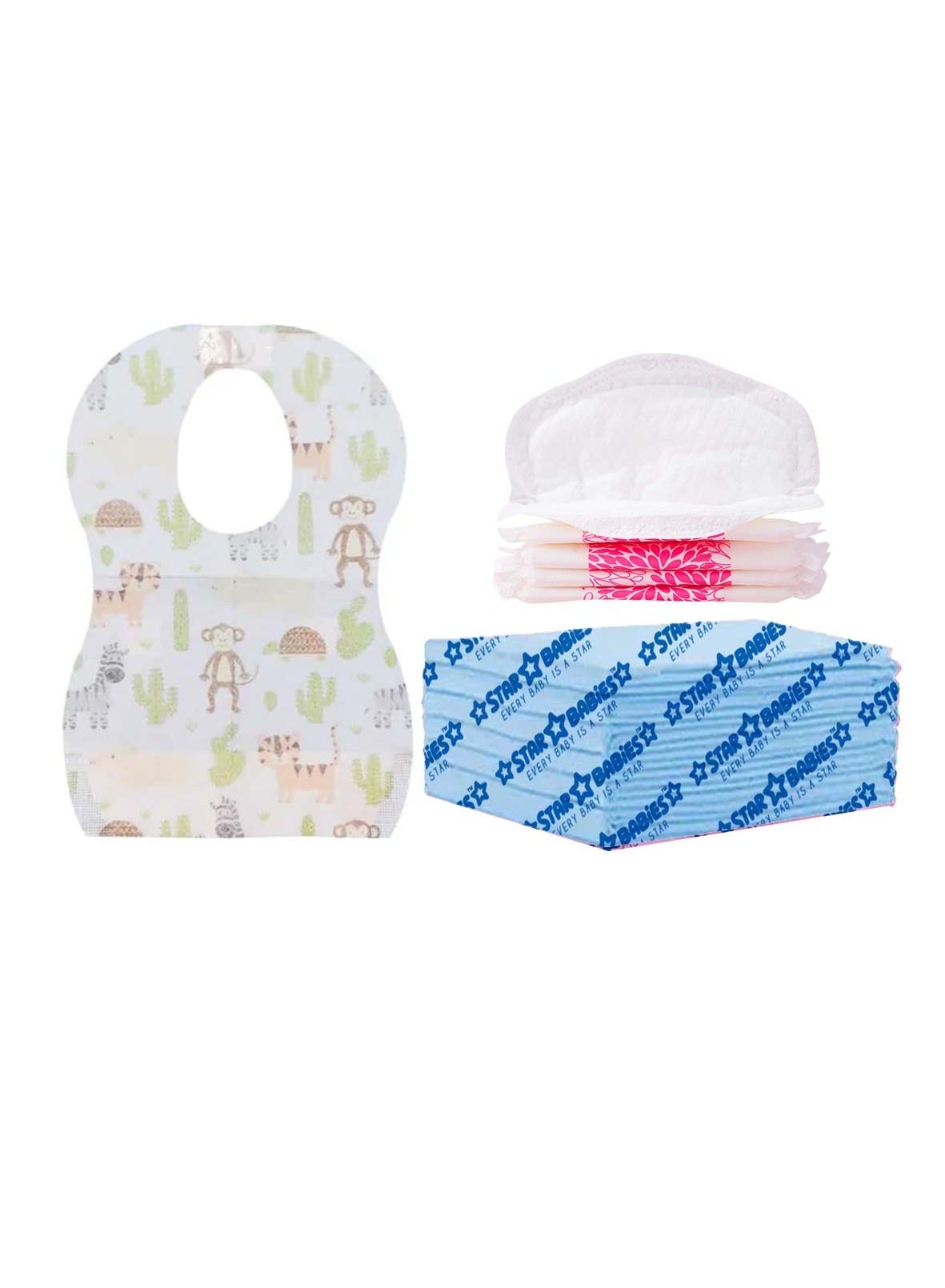 Star Babies Disposable Combo pack (Changing mat 6pcs, Breast Pad 5pcs, Bibs 5pcs)-Blue