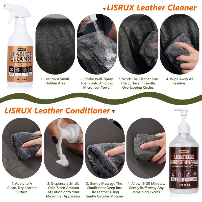 LISRUX Leather Cleaner and Conditioner Kit-2Ã—18oz Leather Care For Car Seats, Leather Couches & seats, Restores & Protects All Leather For Natural, Synthetic, Faux, Pleather, pH-Balanced - Image 4