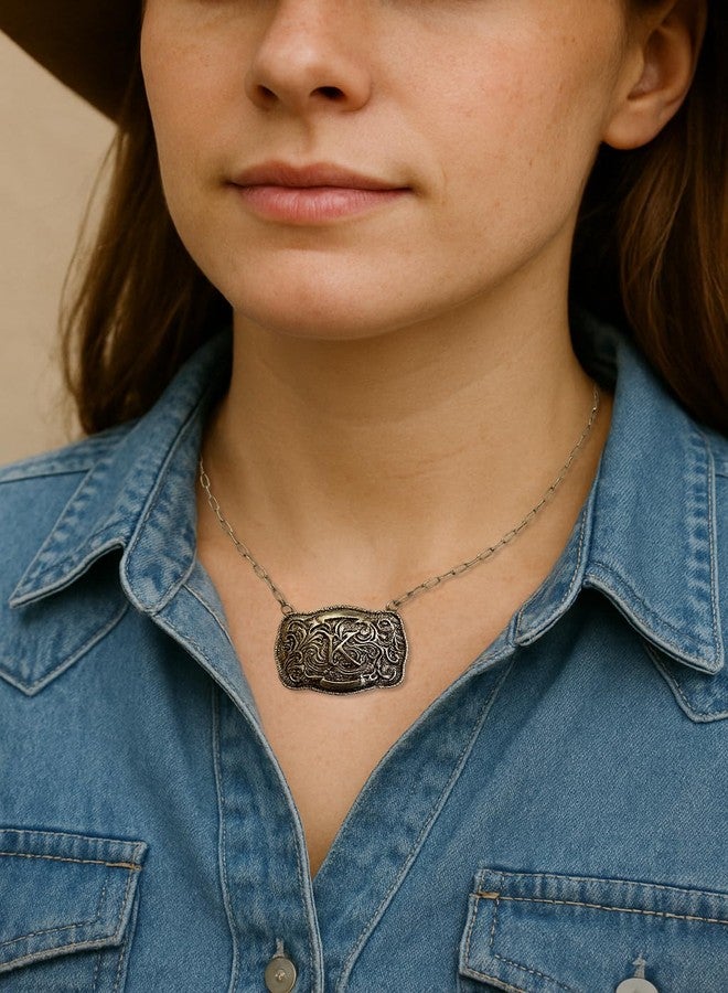 Wonderent Western Initial Monogram Belt Buckle Necklaces (Letter L, Burnish Silver) - Image 3