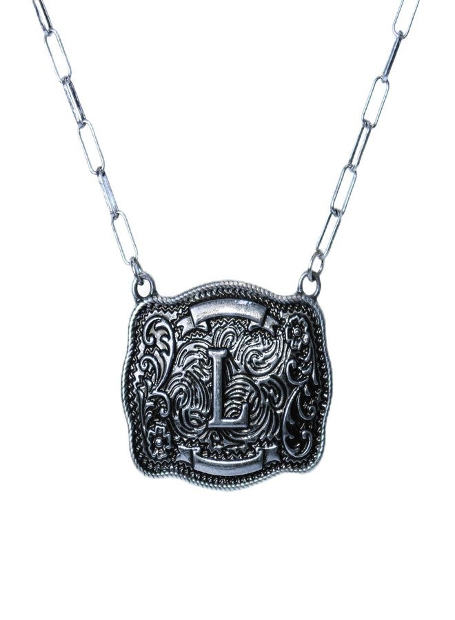 Wonderent Western Initial Monogram Belt Buckle Necklaces (Letter L, Burnish Silver) - Image 1