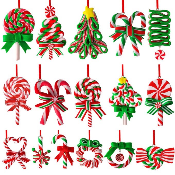 AUGSUN 16Pcs Christmas Lollipop Ornaments Candy Christmas Tree Decorations Colorful Mini Candy Cane Hanging Ornaments Polymer Clay Peppermint Pendants for Xmas Tree Party Home Decorations