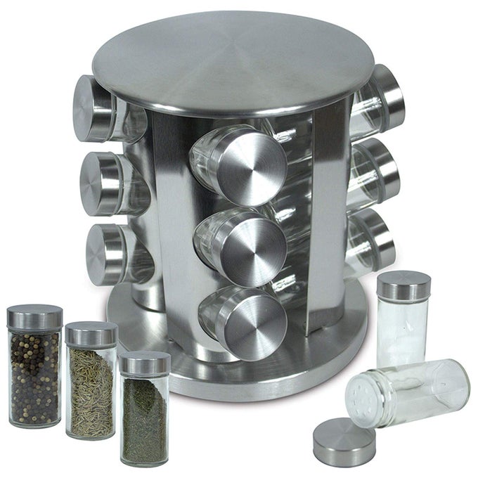 STAINLESS STEEL ROUND OR SQUARE REVOLVING SPACE SAVING KITCHEN STORAGE ORGANIZER FOR SEASONING DRIED HERBS 12 SPICE JARS