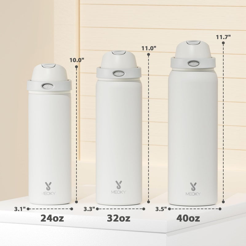 Meoky 40 Oz Insulated Water Bottle With Straw: Meoky Stainless Steel Metal Water Bottle With 2-In-1 Lid - Leak Proof  Cold For 24 Hours  Protective Silicone Base  Bpa-Free For Sports Gym  Ivory - Image 3