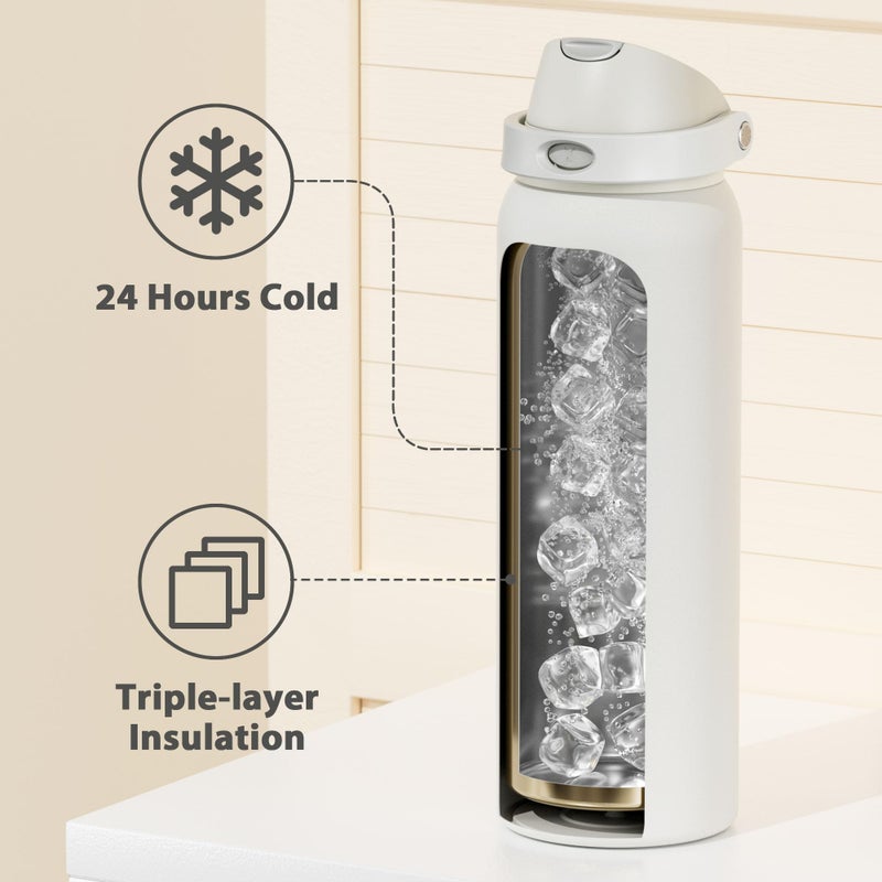 Meoky 40 Oz Insulated Water Bottle With Straw: Meoky Stainless Steel Metal Water Bottle With 2-In-1 Lid - Leak Proof  Cold For 24 Hours  Protective Silicone Base  Bpa-Free For Sports Gym  Ivory - Image 5