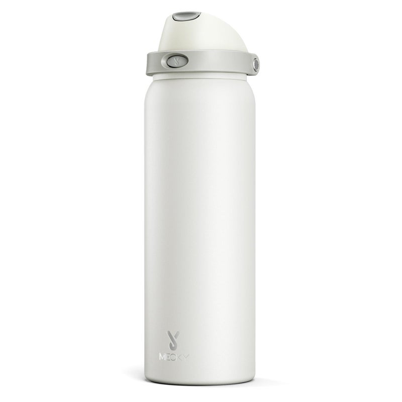 Meoky 40 Oz Insulated Water Bottle With Straw: Meoky Stainless Steel Metal Water Bottle With 2-In-1 Lid - Leak Proof  Cold For 24 Hours  Protective Silicone Base  Bpa-Free For Sports Gym  Ivory - Image 1