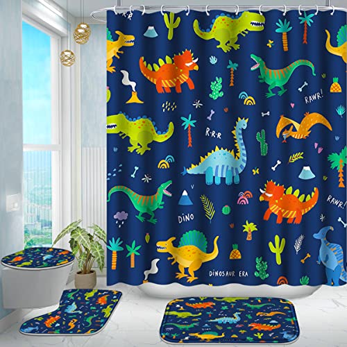 Poedist Poedist 4 Pcs Bathroom Shower Curtain SetKids Bathroom Curtain Sets with RugsBath MatU Shape and Toilet Lid Cover Mat and 12 HooksDark Blue Cartoon Dinosaur 
