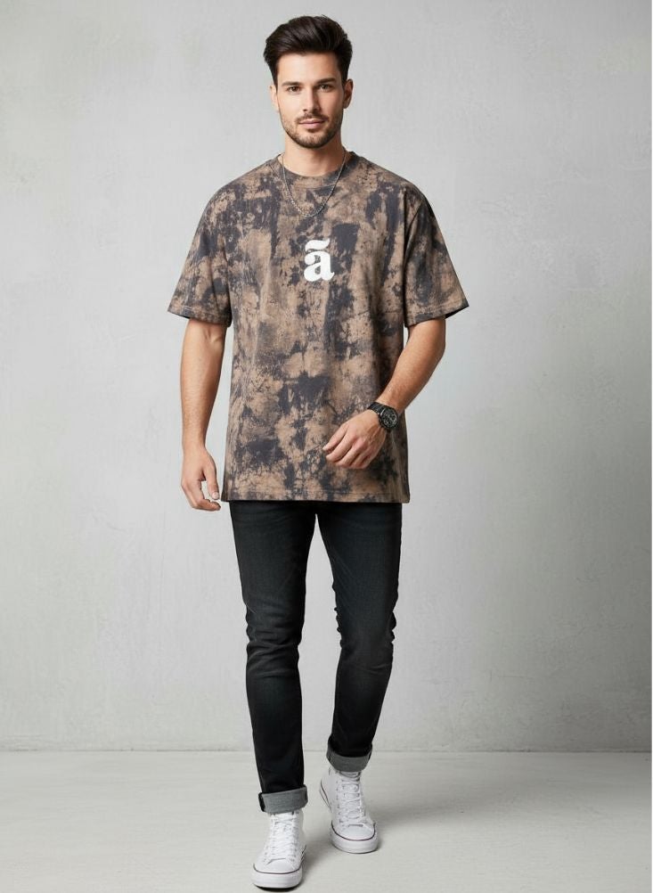 Premium Brown Acid Wash Oversized T-Shirt for Men – Bold Graphic Street Look - Image 1