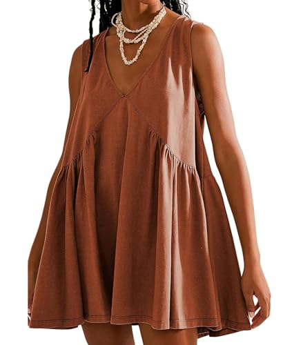OPCAKM Women's V Neck Sleeveless Mini Dress Loose Summer Pleated Swing Flowy Sundress(Rust-L) - Image 5